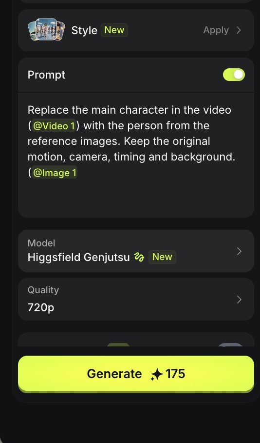 הפרומפט עם @Video 1, איכות 720p, ו-175 קרדיטים על הכפתור